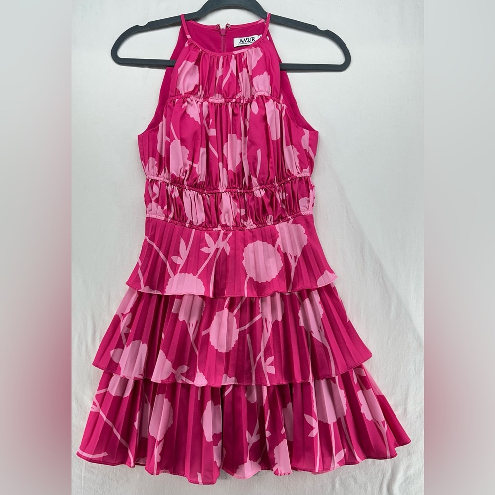 Amur Ayesha Floral Pleated Ruffle Tiered Halter Mini Dress Pink Lined Size‎ 0